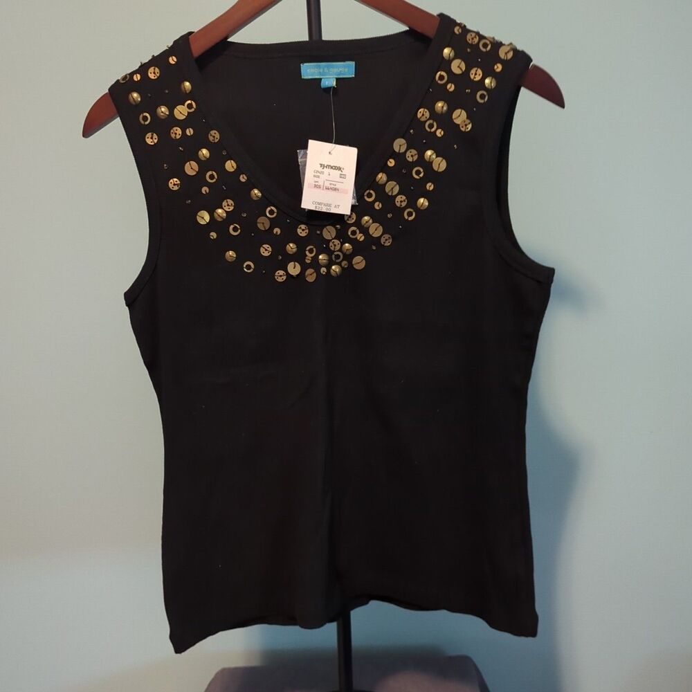 Cable and Gauge Woman Sleeveless Beaded Embellished Neck Ribbed Tank Sz 1 Black